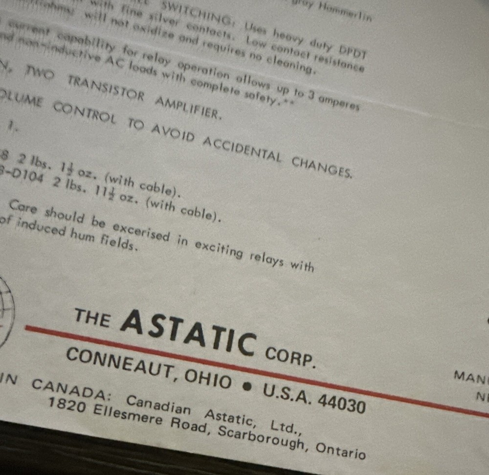 Original ASTATIC D104 Microphone SPEC SHEET