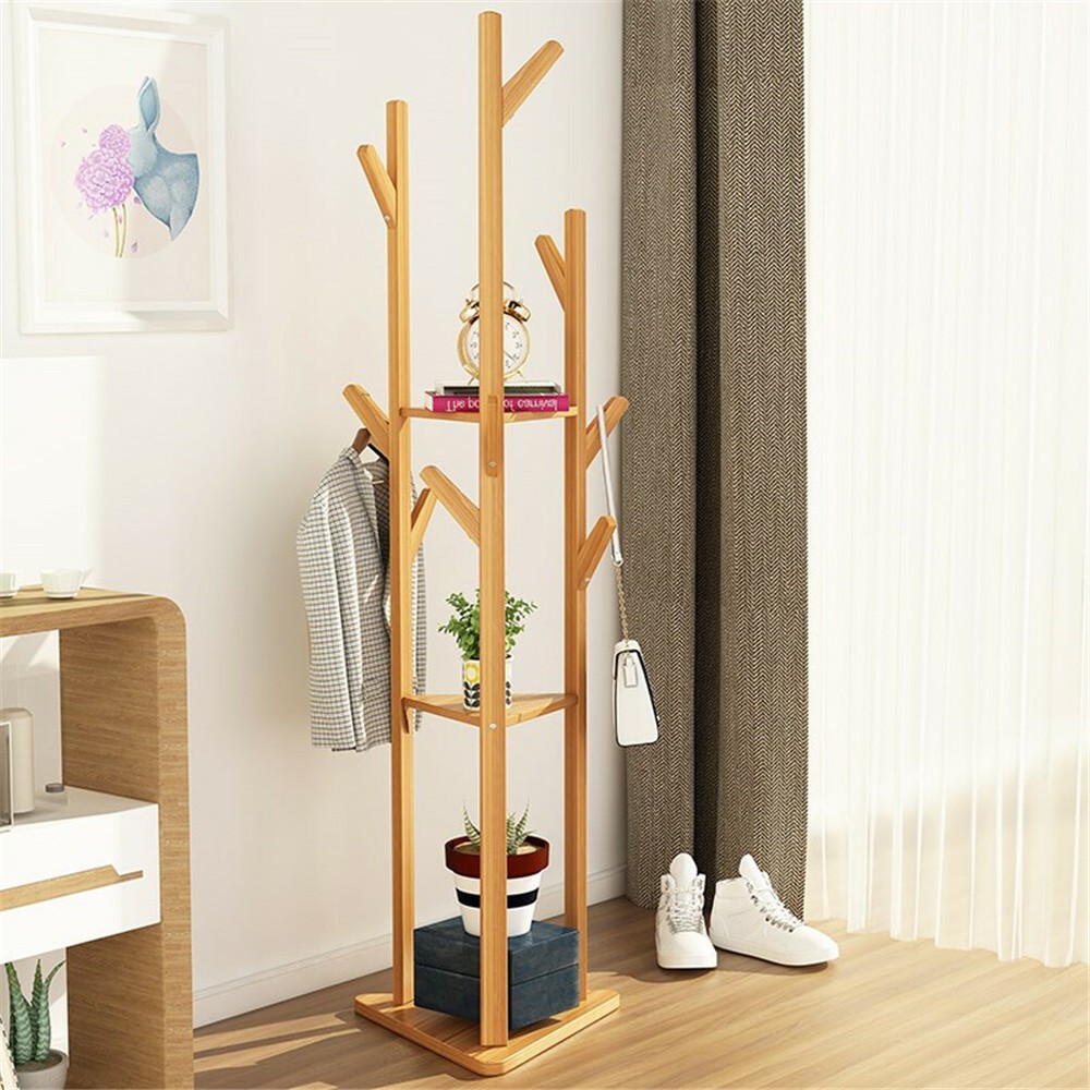 Bamboo Coat Rack Hat & Cloth Stand with 9 Hooks Free Standing Display Hall Tree