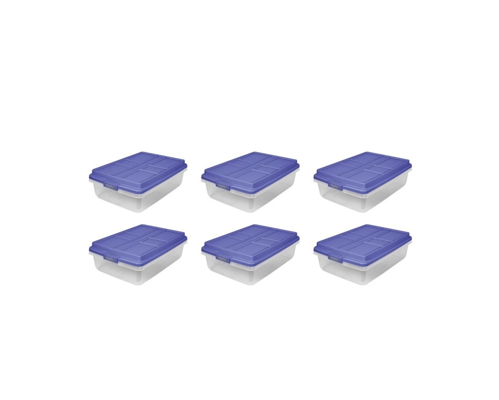 Hefty 40 Qt Clear Storage Bin Blue Hi-Rise Lid 6 Pack