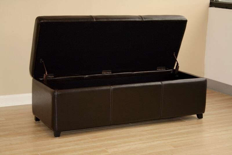 Modern Full Leather Ottoman Storage Bench Rectangle Dark Brown