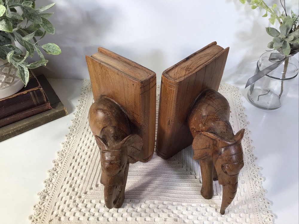 Elephant Bookends~Hand Carved Solid Wood~6” Tall~