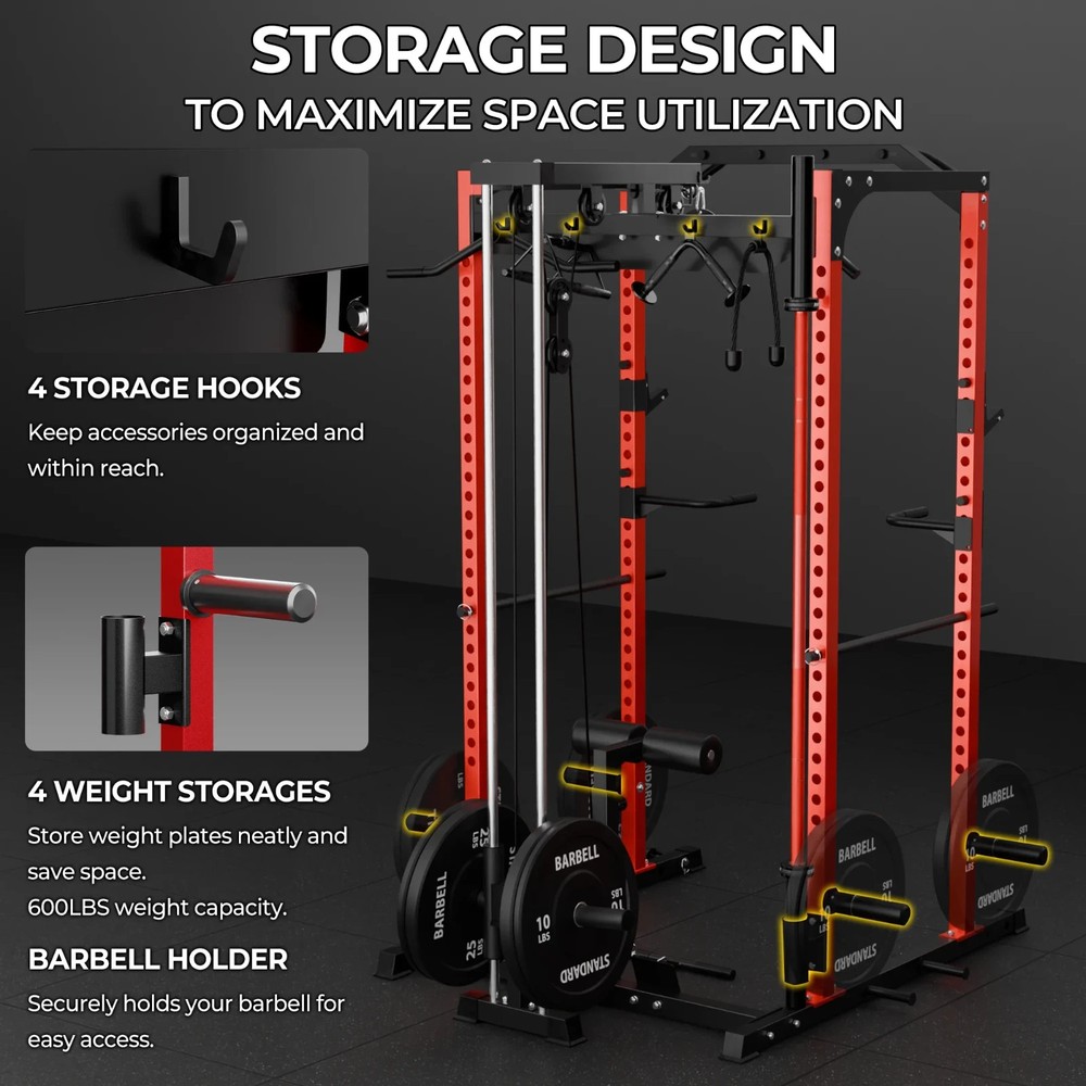 Power Cage Squat Rack w/ LAT Pulldown Cable System 1200LB Home Gym