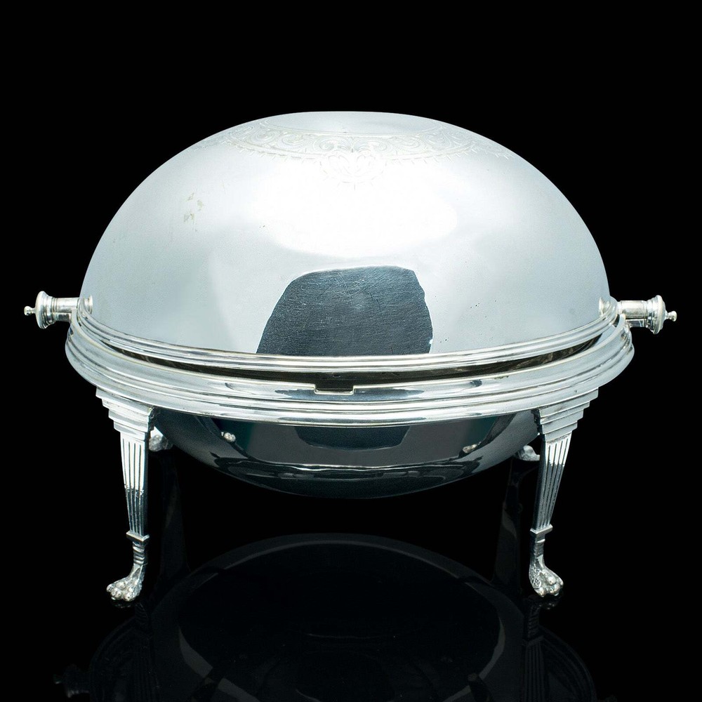 Antique Roll-Over Serving Dish, English, Silver Plate, Dome Top Tureen, Server