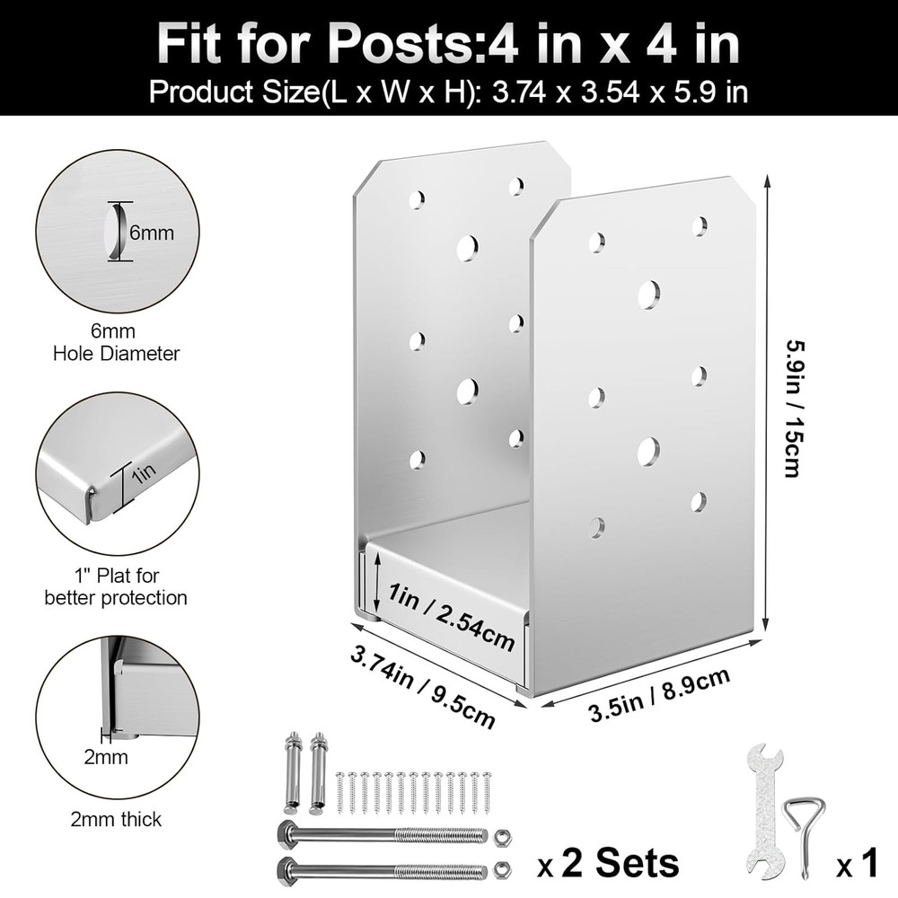 4"X 4" Post Base, 2Pcs Stainless Steel Adjustable Post Anchor Bracket (Internal