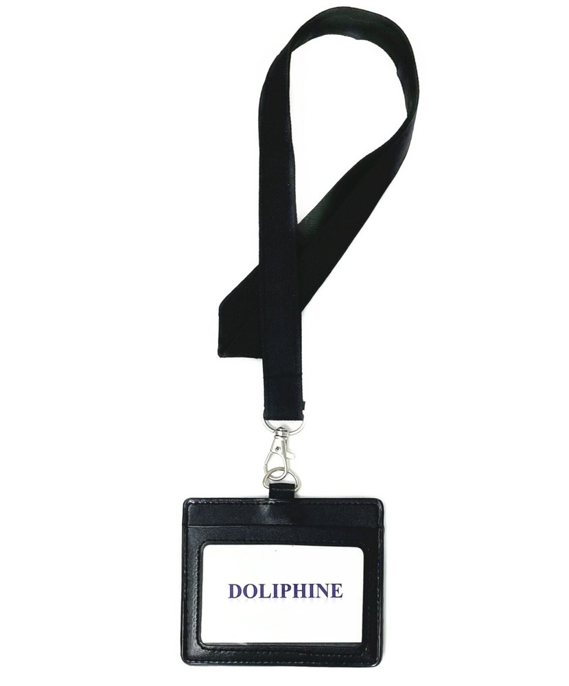 Polyester Fabric Solid Neck Lanyard with horizontal leather ID badge holder