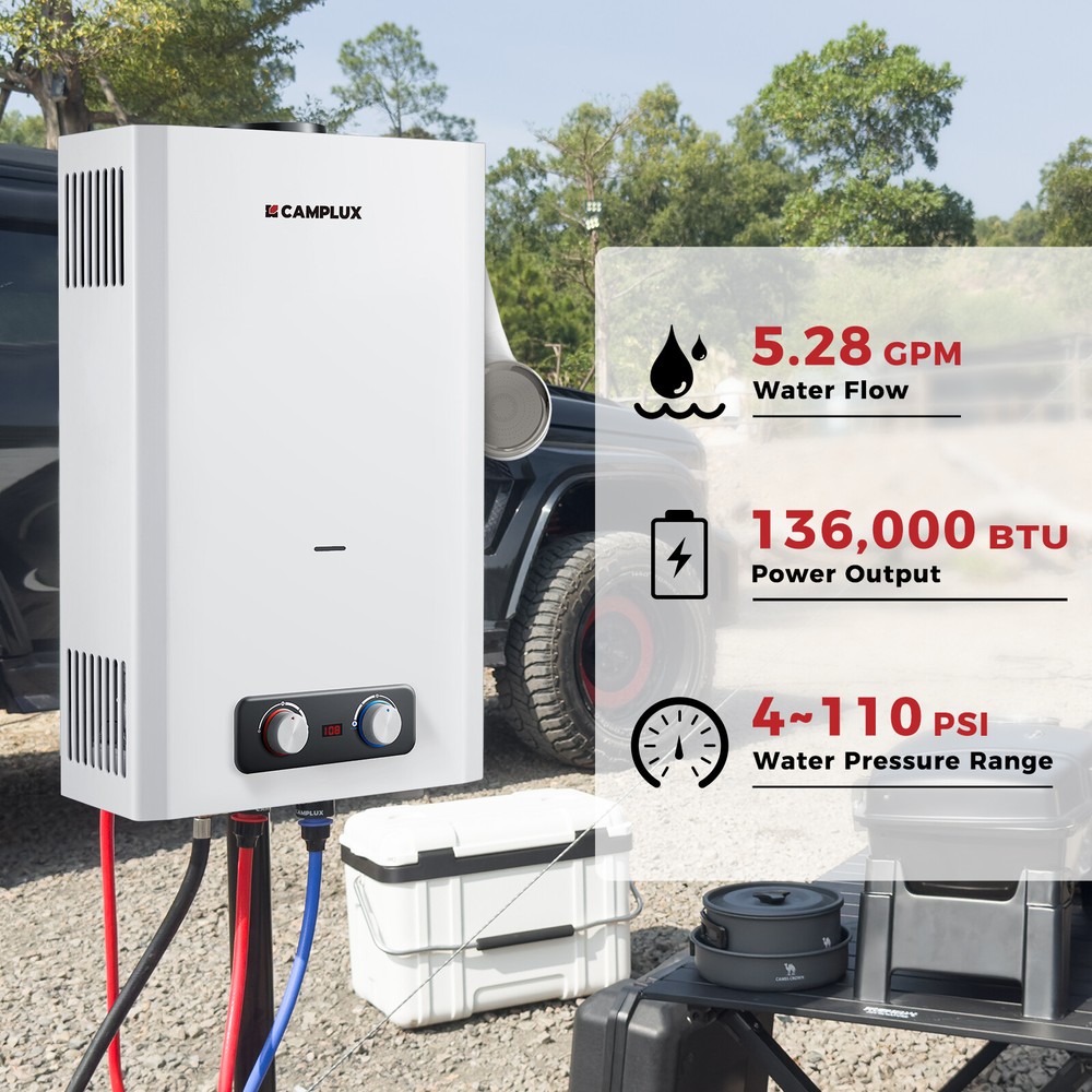 CAMPLUX Tankless Water Heater, 5.28 GPM Propane Water Heater Cabin Tiny House