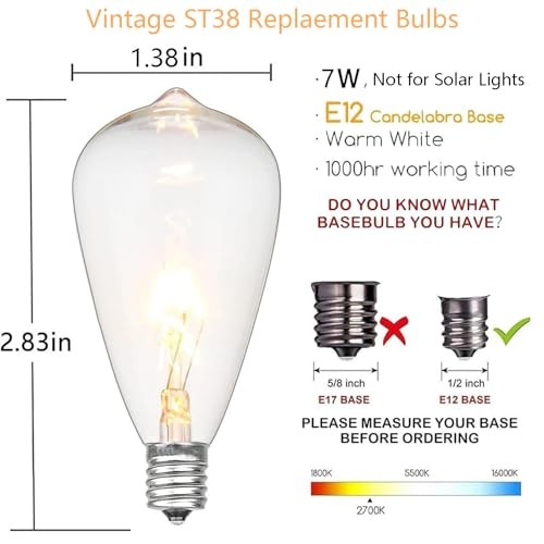 10-Pack Edison Replacement Light Bulbs, 7-Watt E12/C7 ST38 10Pk Clear