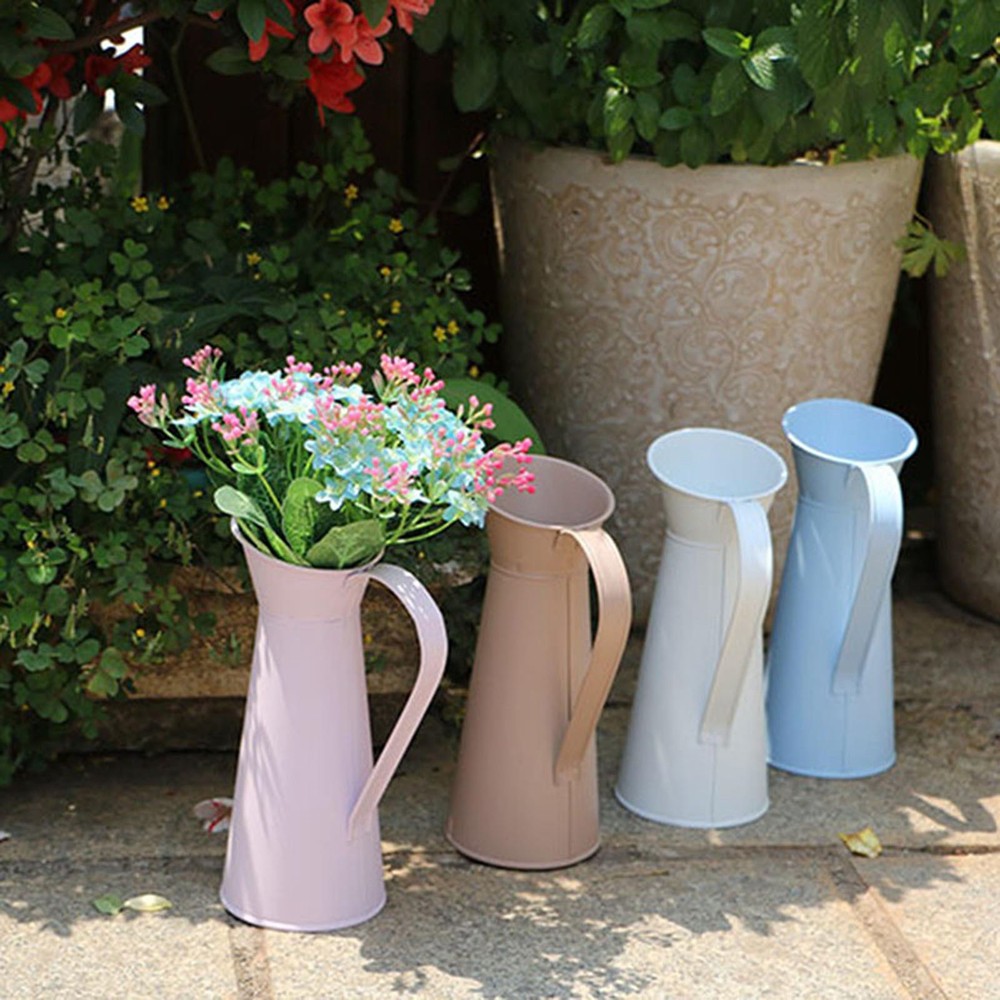 White Tin Coffee Pot Desktop Flower Vase 20cm High Table Decor