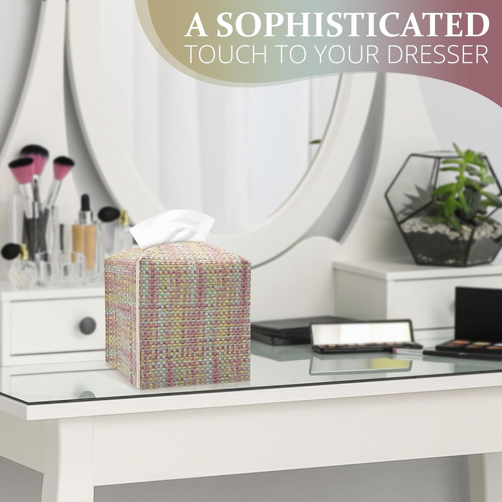 Tissue Box Cover, PU Leather Square Tissue Box Holder with Woven Pattern, Cube T