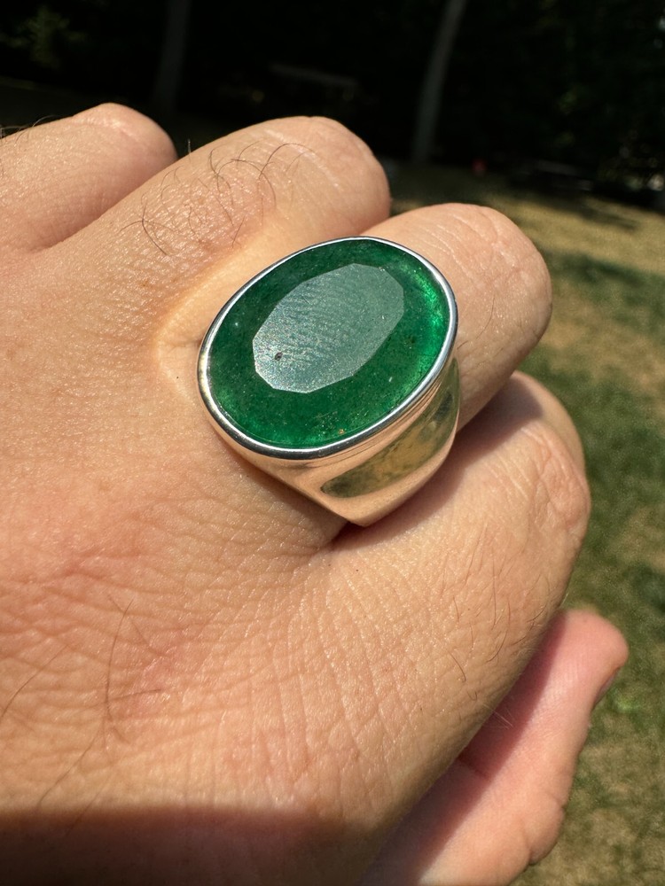 Large 18ct Genuine Emerald Gemstone Mens Real Solid 925 Silver Oval Signet Ring