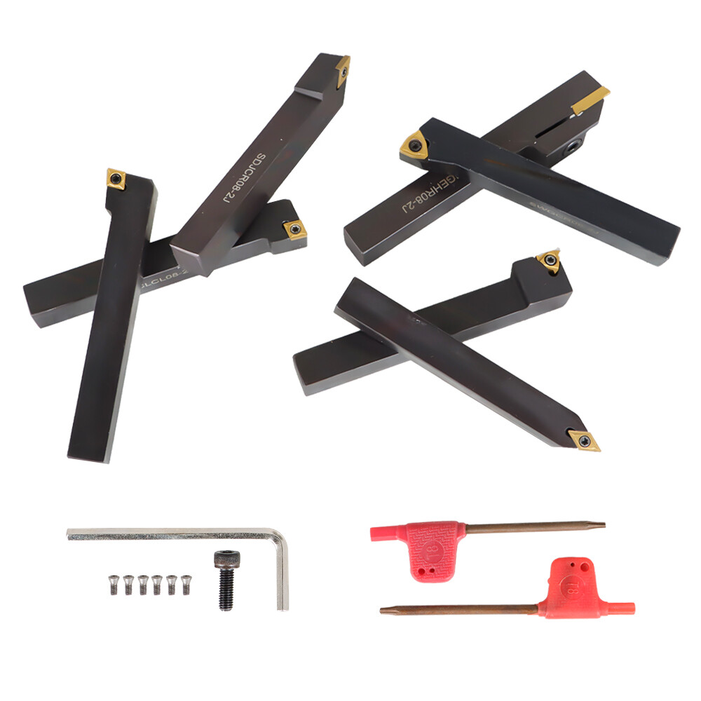 7PC Carbide Indexable Turning Tool 1/2" Lathe Tool Bit Set Thread Insert+Holder