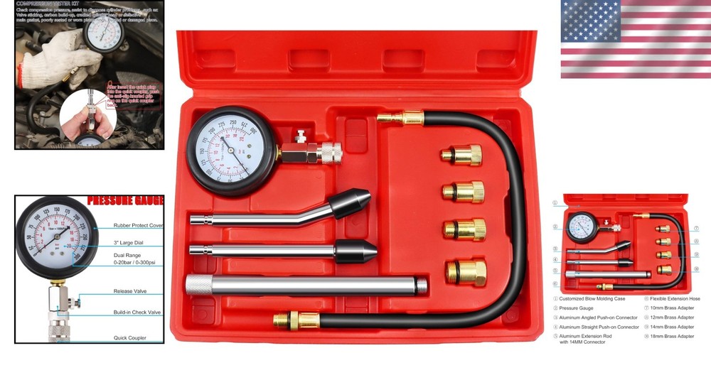 Professional Engine Compression Tester Gauge Kit with Universal Adapters - 9PCS