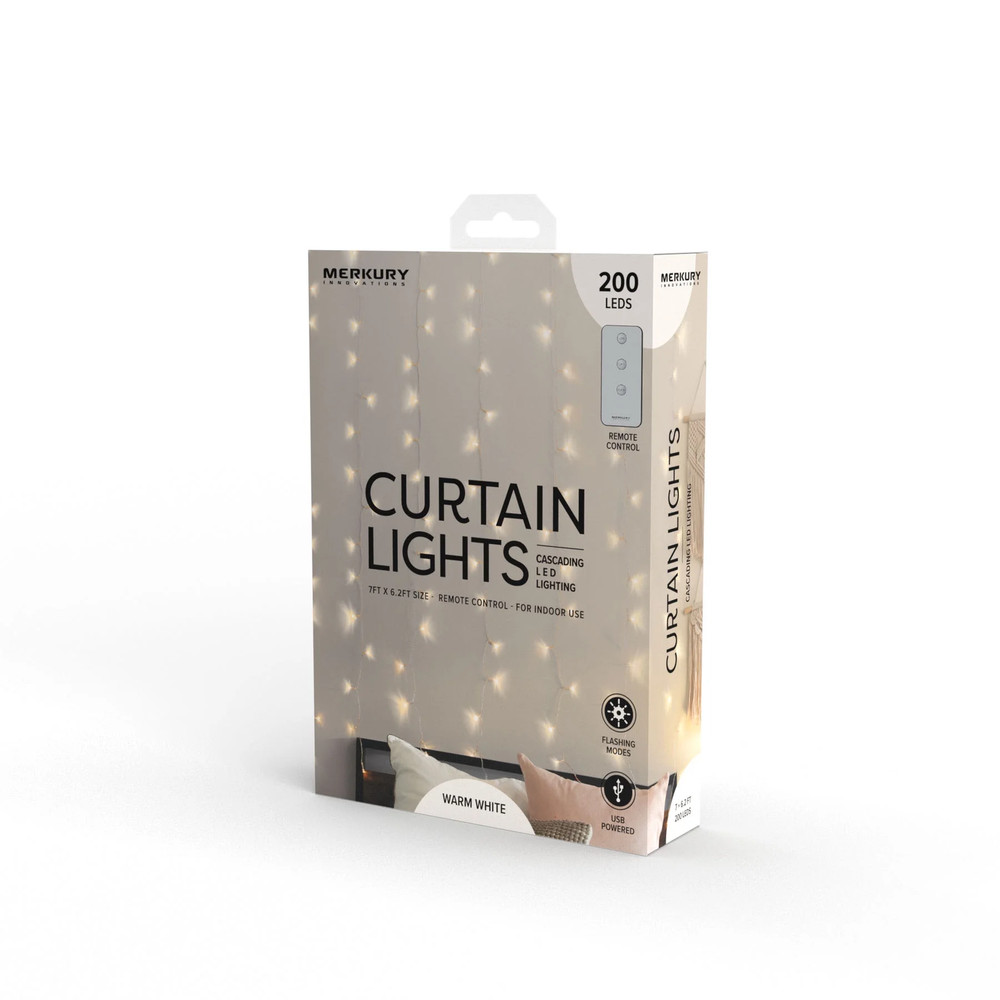 200-Count Warm White LED Curtain String Lights with Remote, Usb-Powered, Indoor