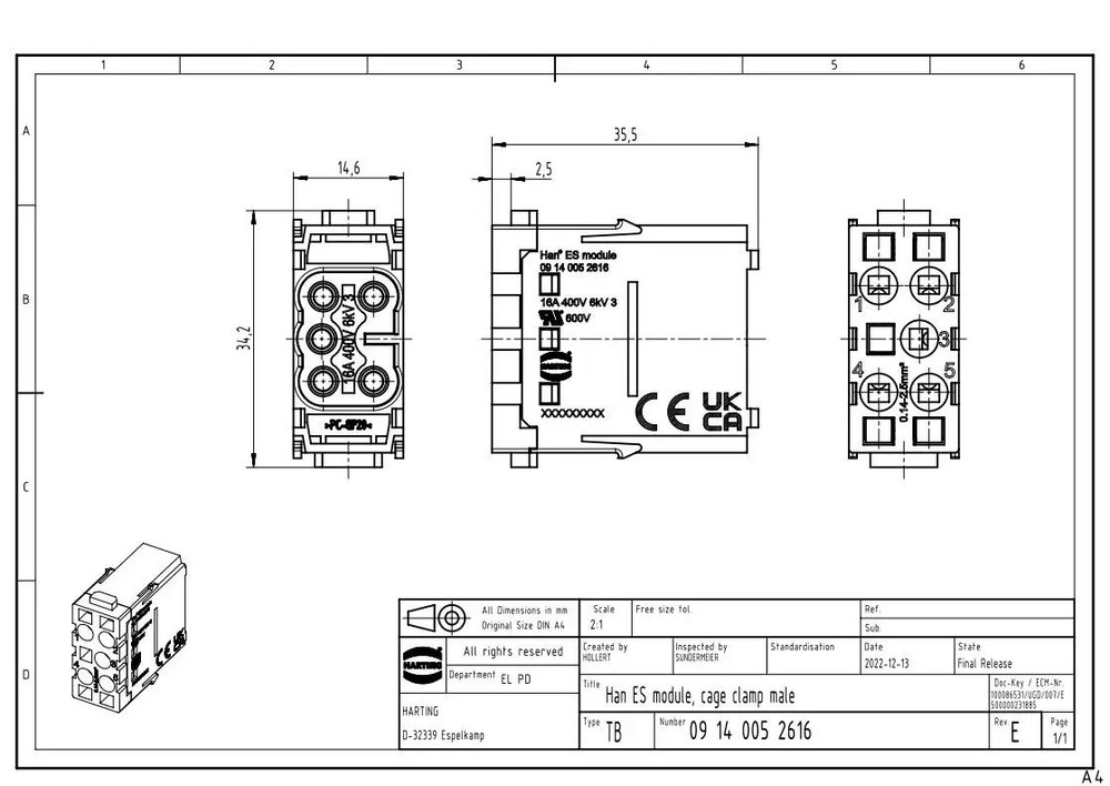 2pcs HARTING 09140052616 Module Male Connector