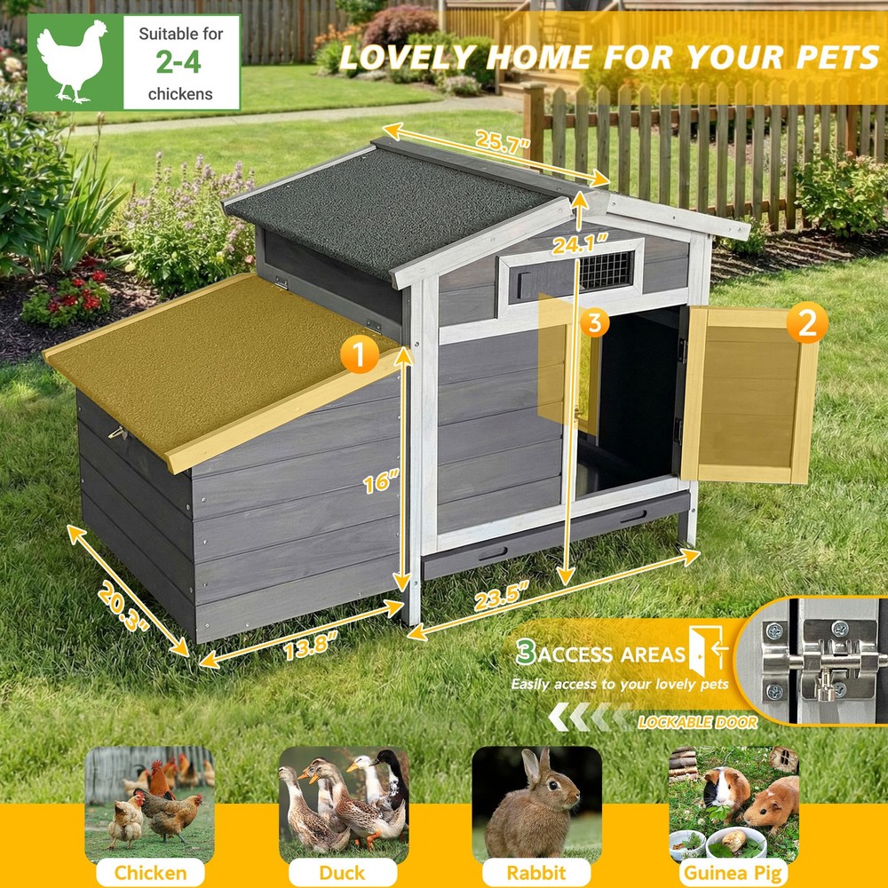 Wooden Chicken Coop with Nesting Box, Pull-Out Tray, Waterproof Roof