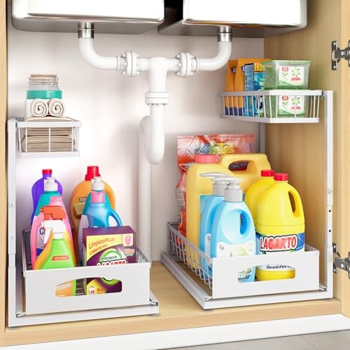 Under Sink Organizer Height Adjustable Cabinet Organizer with 2 Pack White