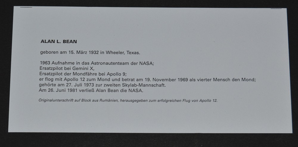 Alan Bean - Apollo 12 Astronaut Signed Sieger Stamp Block Autograph