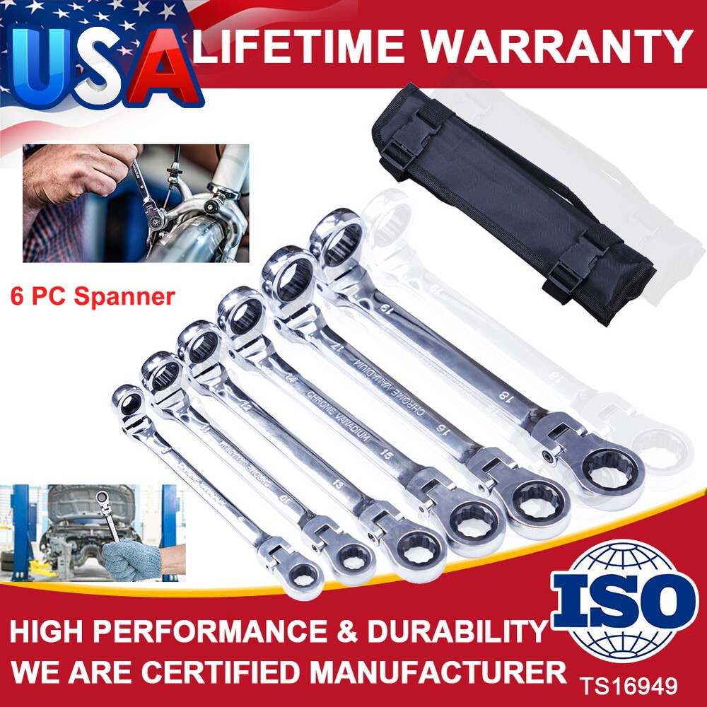 Double Box End Ratcheting Wrench Flex-Head Extra Long 6 PC Spanner Set Metric US