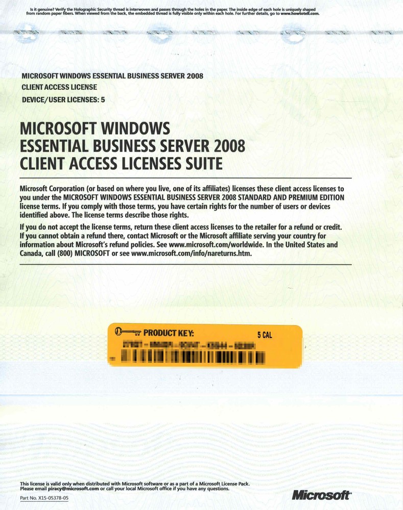 Microsoft Windows Essential Business Server 2008 5 User Device CAL No media