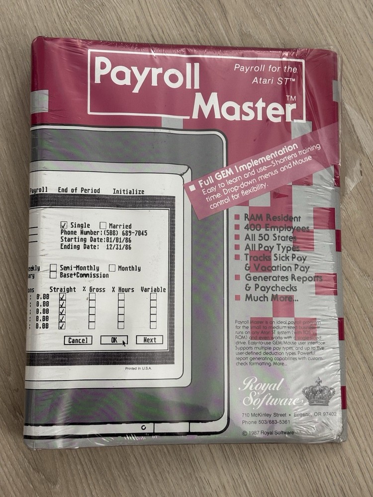 NEW 1987 Vintage Payroll Master Software for Atari ST Royal Software Sealed