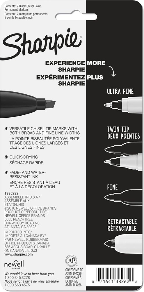 Sharpie Broad Tank Chisel Tip Black Permanent Marker, 2 Markers 2 Pack