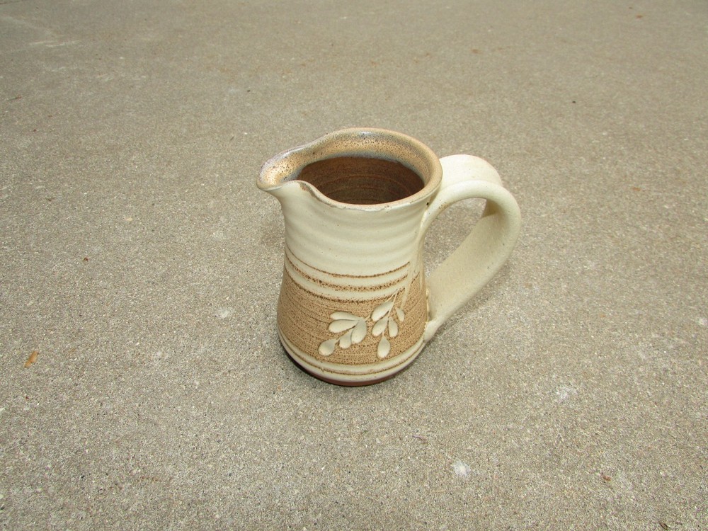 Handmade Beige Brown Striped Leaf Pottery Small Pitcher Handle 4" Tall NICE!