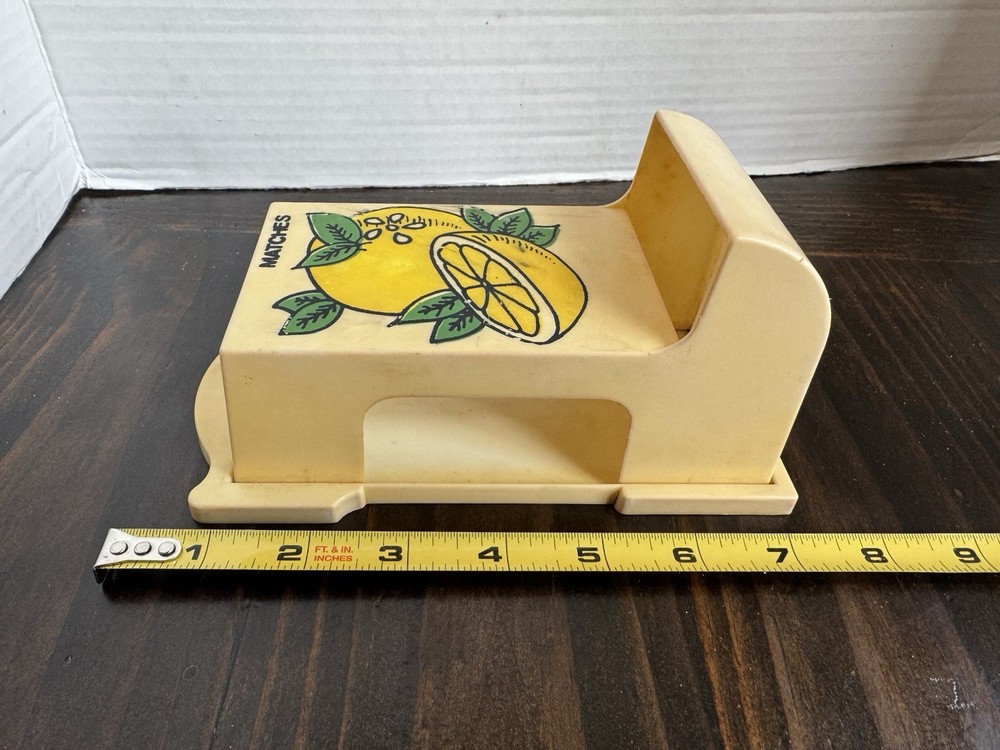 Vintage Match Holder Box Yellow with Lemon Design Plastic