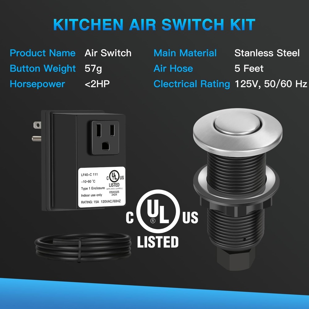 Garbage Disposal Air Switch Kit, UL Certified Professional Garbage Disposal S...