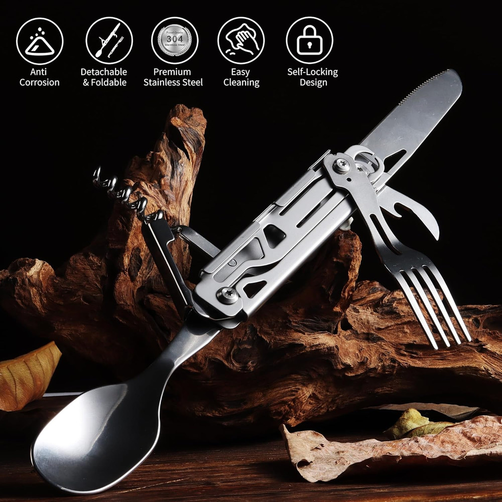 Camping Utensils, 6-In-1 Detachable Stainless Steel Camping Flatware Multi-Tool
