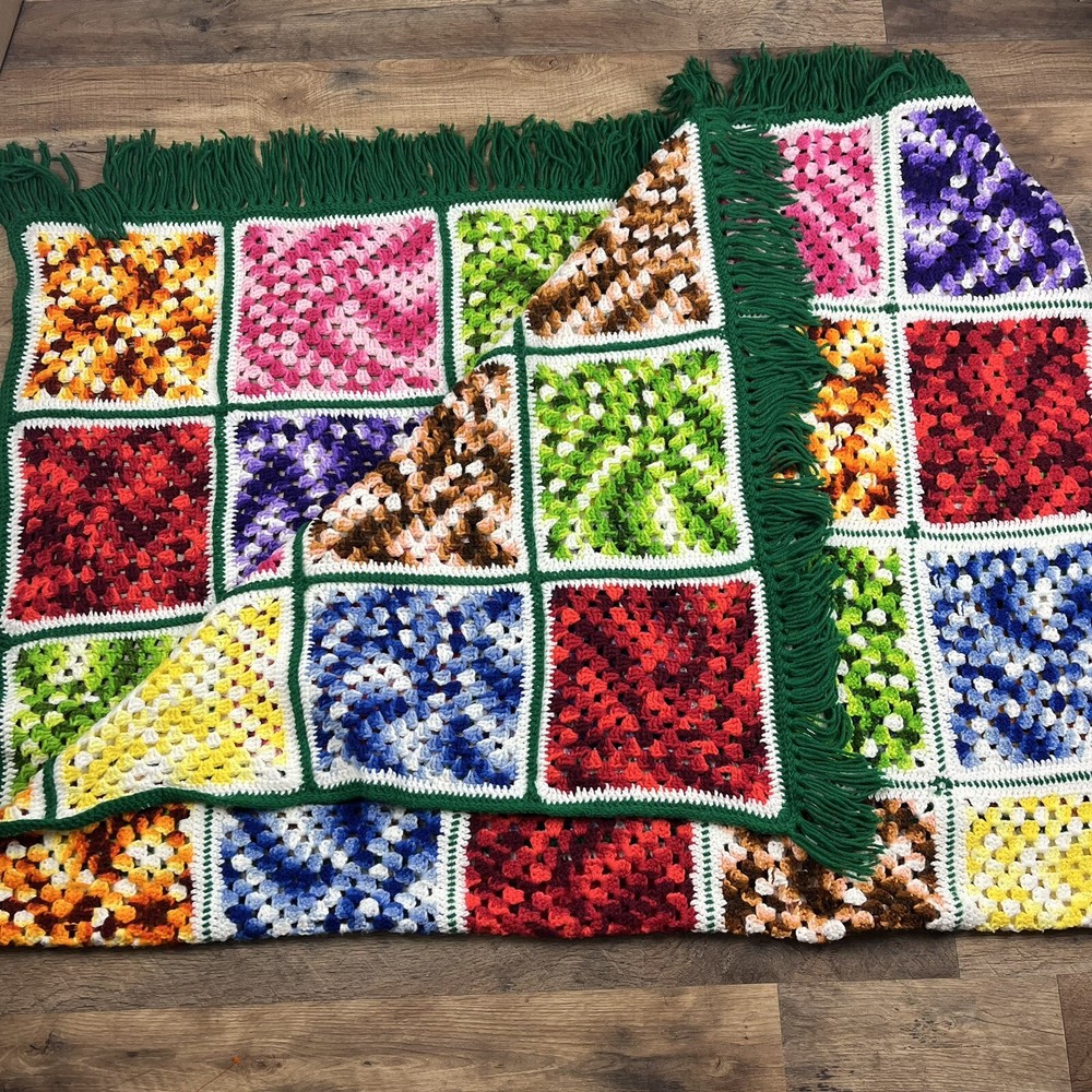 Handmade Crocheted  Multi-colored AfghanThrow Blanket 48x76” Fringe