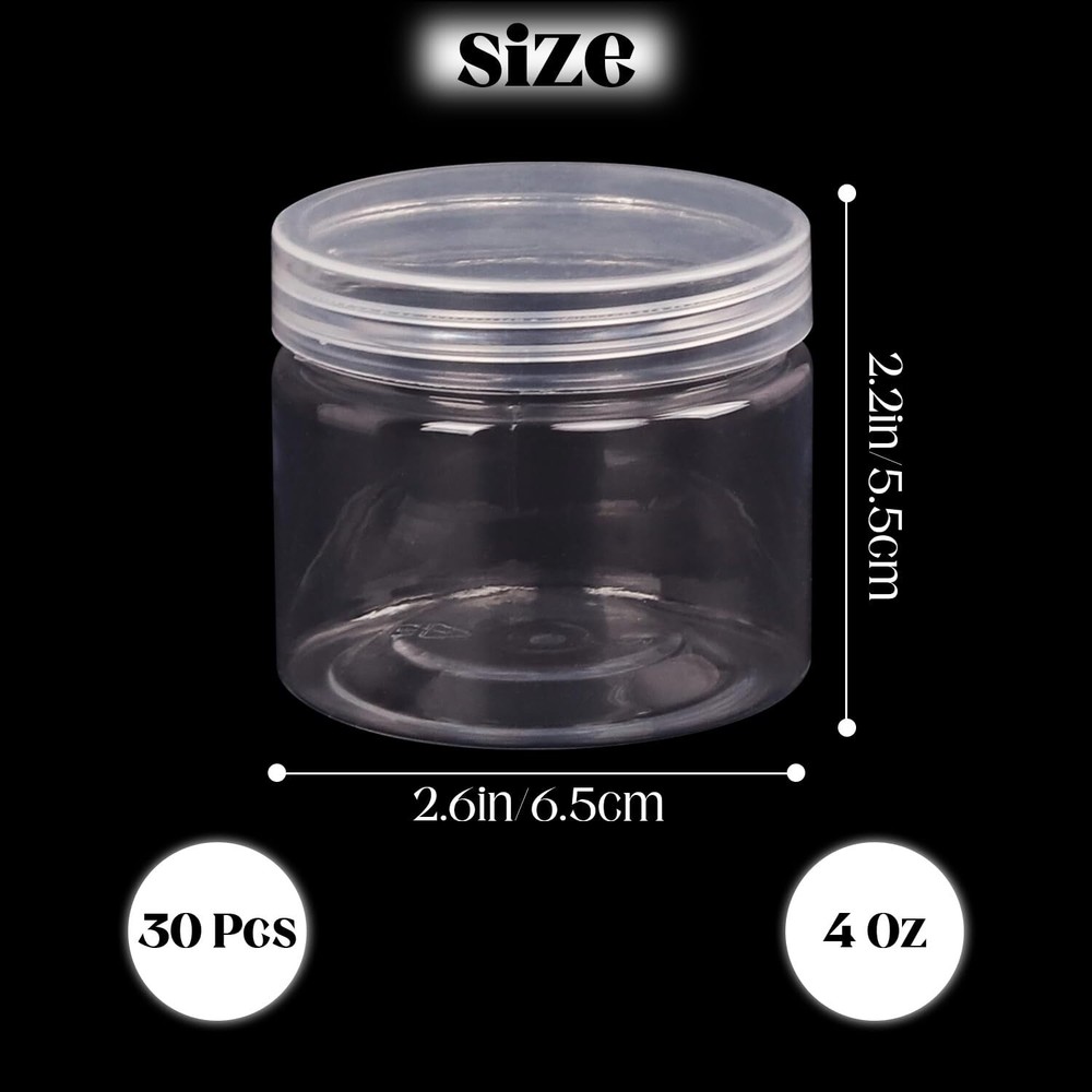 30 Pack 4oz Clear Plastic Round Containers with Lids for Candy Makeup Cosmetics