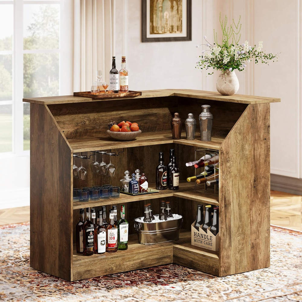 Bar Cabinet, L-Shaped Home Bar Table with Stemware Racks, 4-Tier Corner Bar Unit