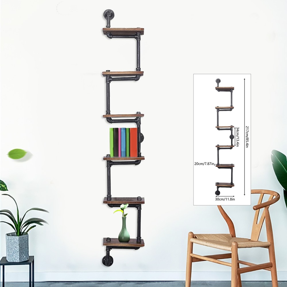 6-Tier Pipe Shelf Industrial Bracket Rustic Iron Pipe Wall-Mount Floating Rack