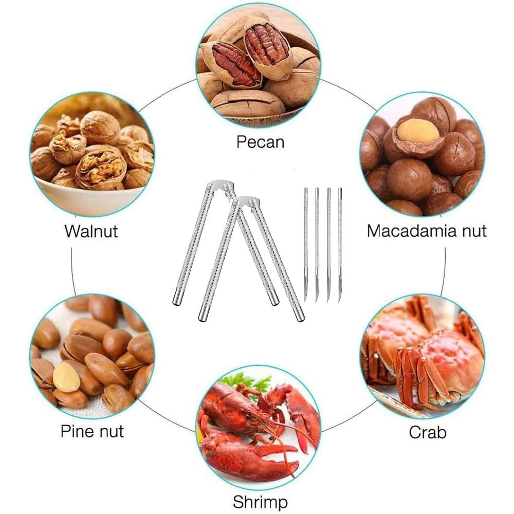 Nut Cracker Tool Set 2Pcs 4 Picks Walnut Silvery Seafood Crackers Stainless