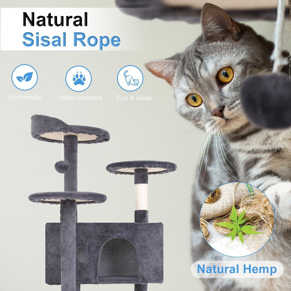 FDW | 54" Cat Tree Tower | Ashy | Multi-Level Indoor Activity Center with Sisal