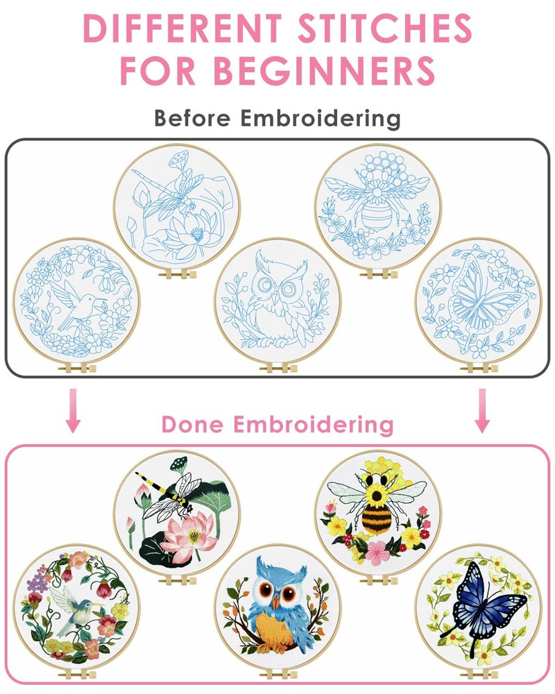 Beginner Embroidery Kit With Hoop,Fabric,Threads,Hummingbird Design,Multicolor
