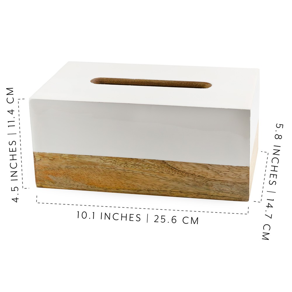White Enamel/Mango Wood Rectangular Tissue Box Cover; Scandinavian Decor Oblong