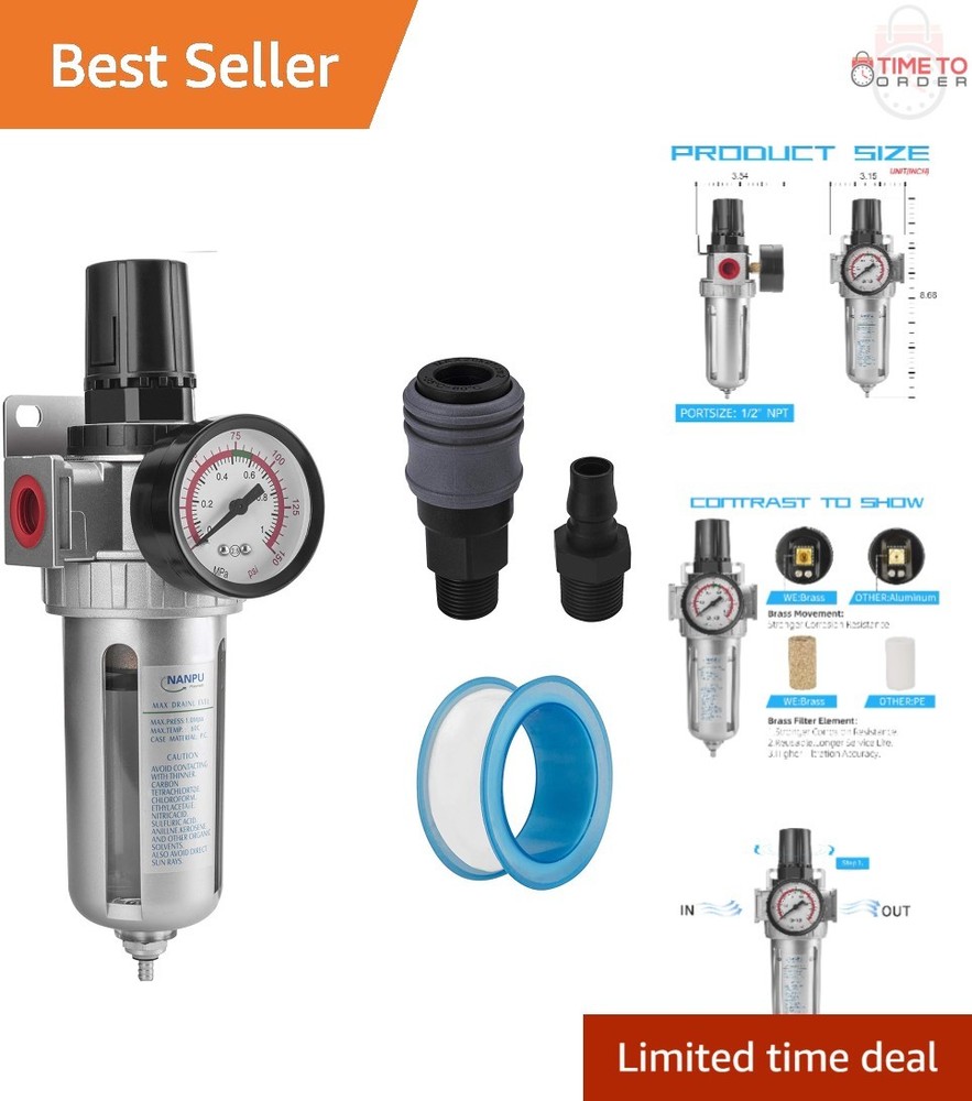 Compressed Air Filter Regulator Combo 1/2" NPT Water Separator Gauge Kit