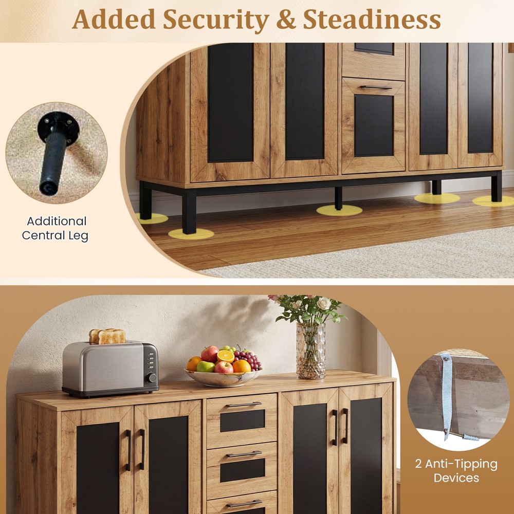 63” Sideboard Buffet Cabinet w/3 Drawers & Storage Shelves for Kitchen, Entryway