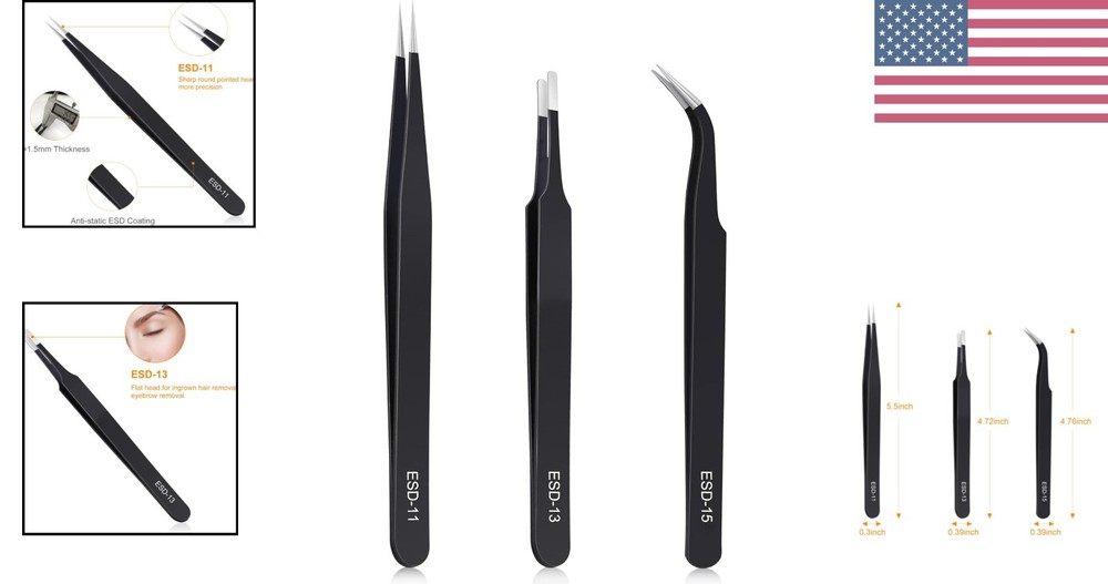 Versatile 3-Piece Precision Tweezers Set for Electronics & Crafts - ESD Safe