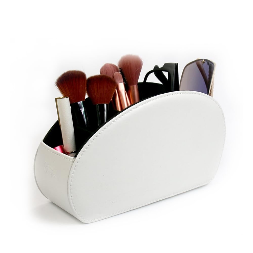 White Metal Bottom Leather 5 Compartment Remote Control Holder Desk Organizer