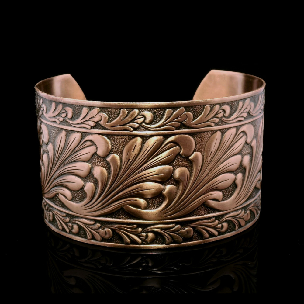 Solid Copper Adjustable Cuff Bracelet with Embossed Floral Design Antique Finish