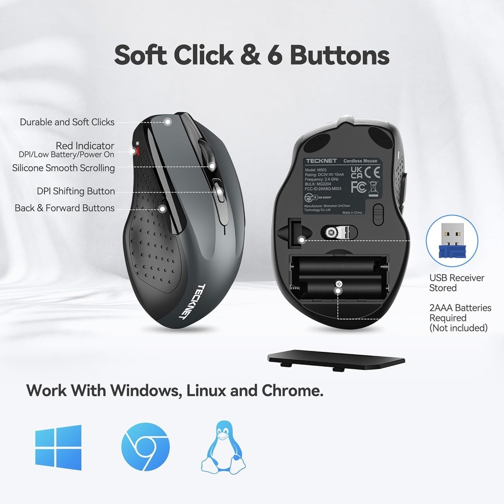 TECKNET Wireless Mouse, 2.4G Ergonomic Optical Computer Mouse for Grey