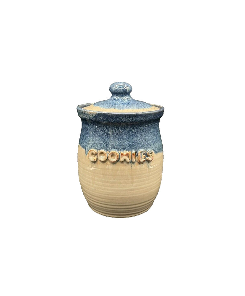 2008 Earth & Fire Pottery Canada Blue Beige Glazed Cookie Jar