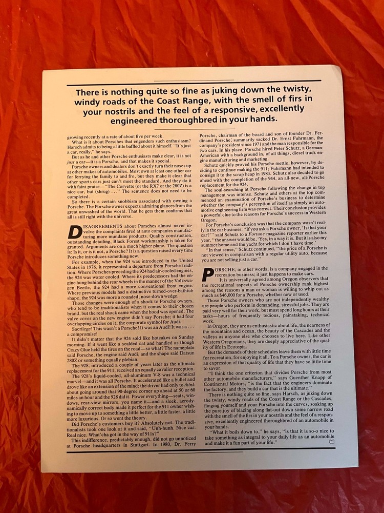 1982 Porsche "OREGON MAGAZINE ARTICLE" - Reprint Car Brochure / Article