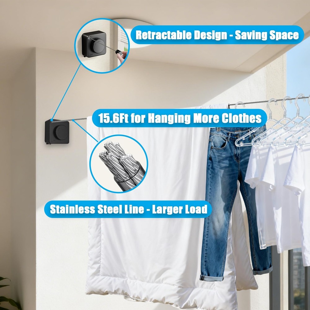 Dravik Retractable Clothesline, Non-Sagging Wall Mounted Laundry Line, Black