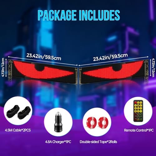 LED Sign for Car 2PCS - 23''x5'' Devil's Eyes Light for Windshield, 5V USB