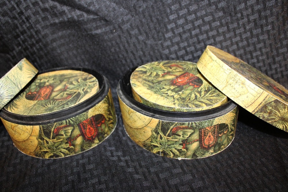 Set of 2 (4 ct) Stackable Nesting Oval Storage Boxes:World Globe Elephant Jungle