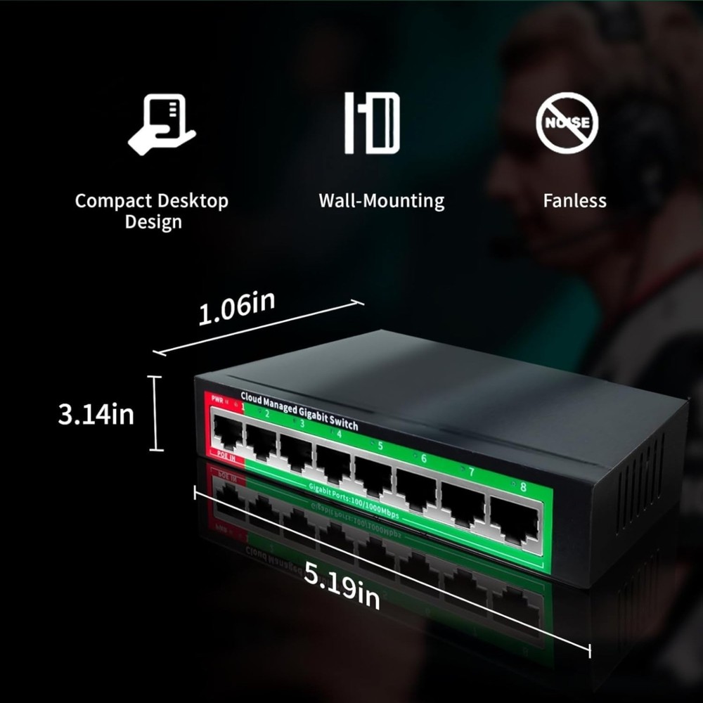 Steamemo 8 Port Gigabit P/wall Mount Plug & Play