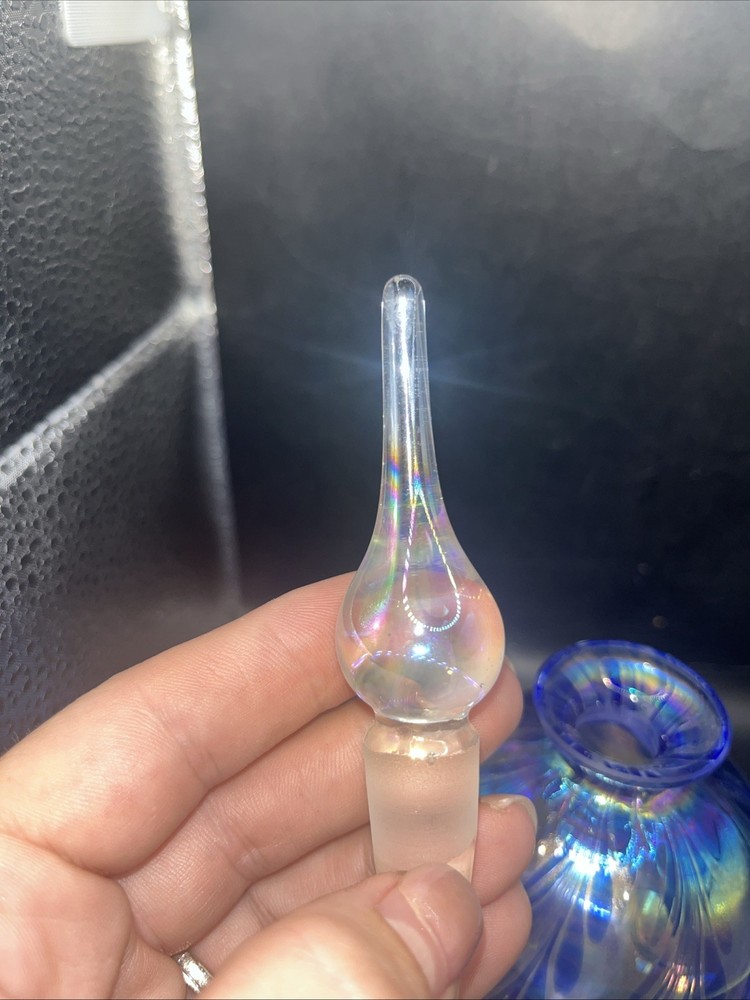 Iridescent Perfume Bottle With Stopper Pulled Feather Blue 6”